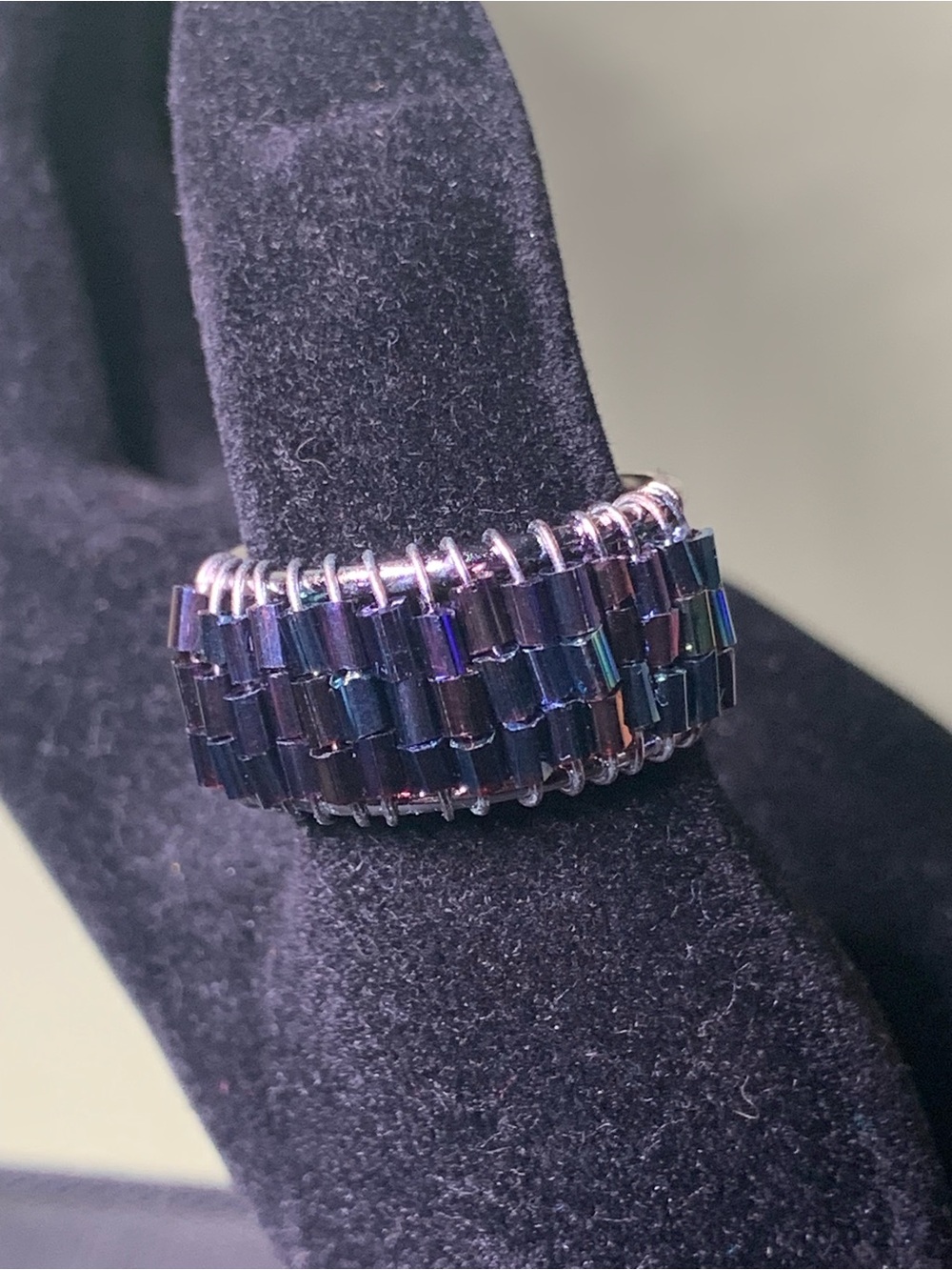 Iridescent Blue-Purple Beaded Ring - Women Jewelry